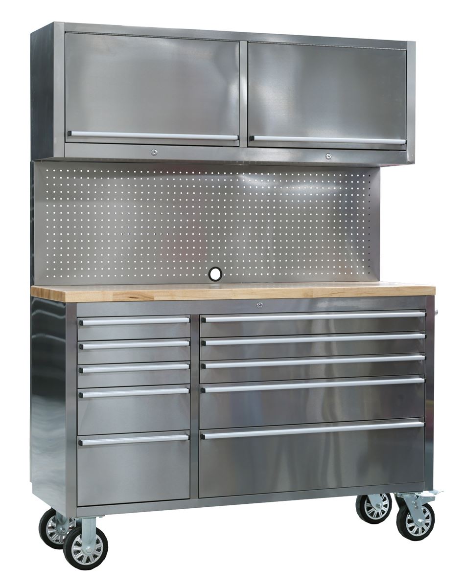 Sealey Mobile Stainless Steel Tool Cabinet 10 Drawer with Backboard & 2 Wall Cupboards AP5520SS