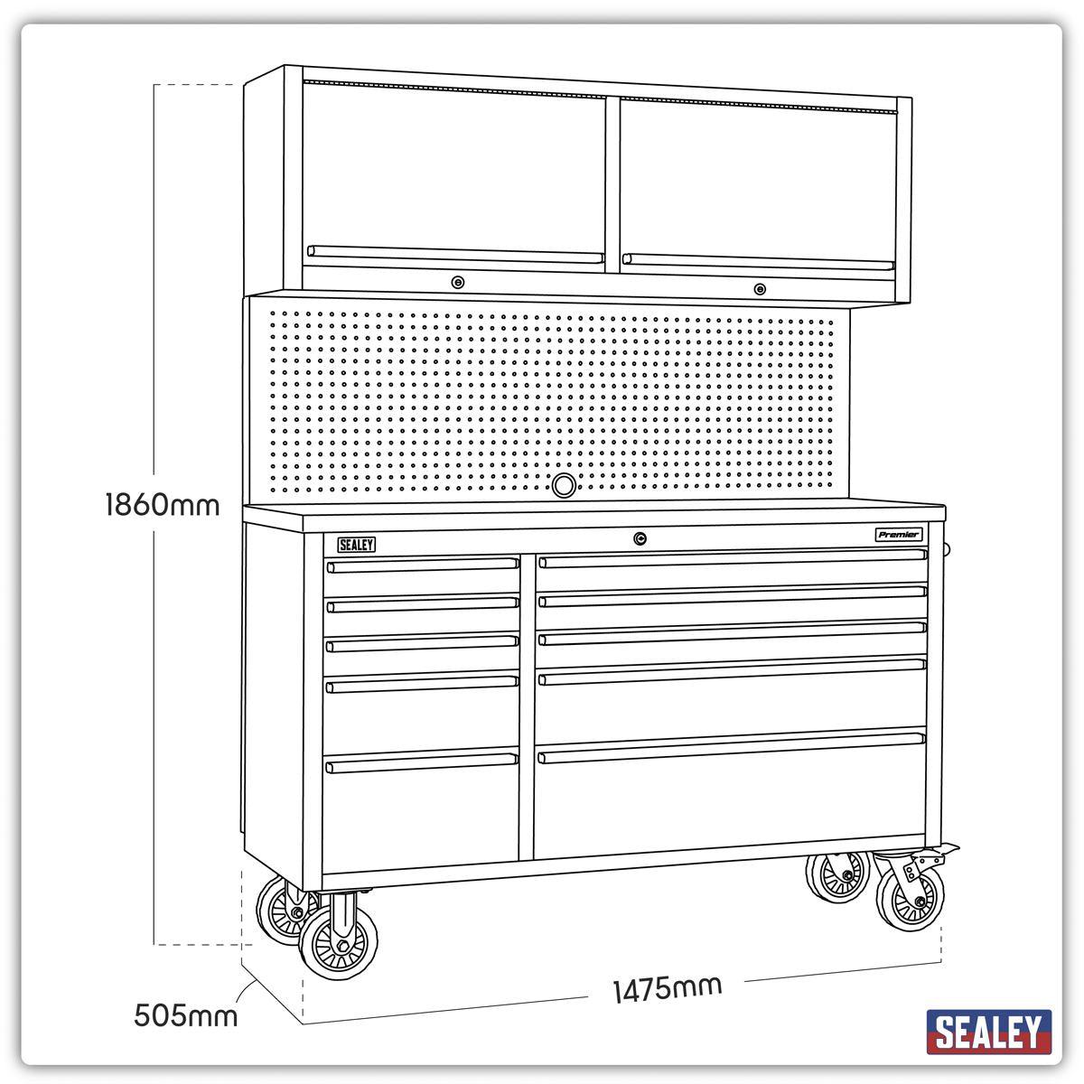 Sealey Mobile Stainless Steel Tool Cabinet 10 Drawer with Backboard & 2 Wall Cupboards AP5520SS