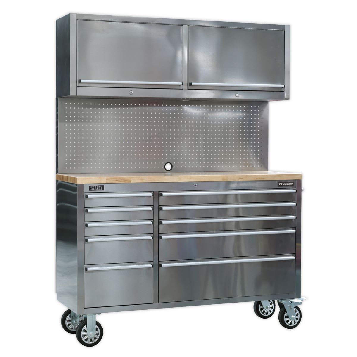 Sealey Mobile Stainless Steel Tool Cabinet 10 Drawer with Backboard & 2 Wall Cupboards AP5520SS