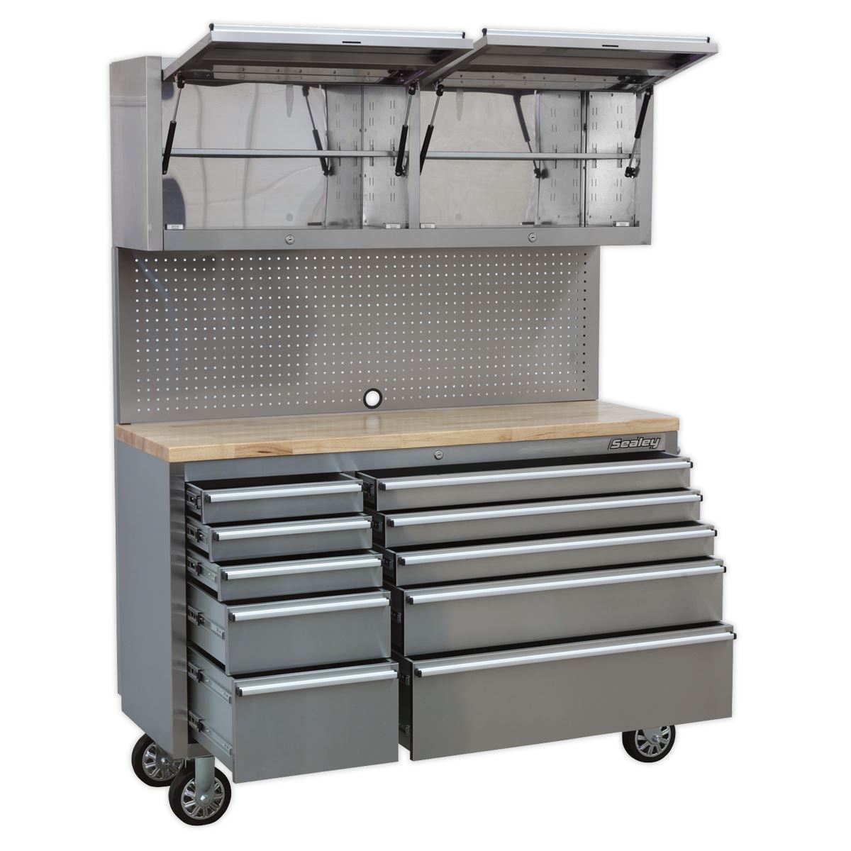 Sealey Mobile Stainless Steel Tool Cabinet 10 Drawer with Backboard & 2 Wall Cupboards AP5520SS