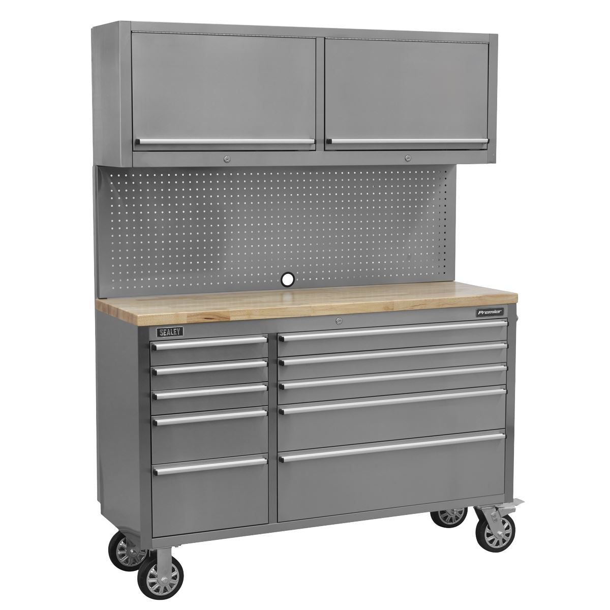 Sealey Mobile Stainless Steel Tool Cabinet 10 Drawer with Backboard & 2 Wall Cupboards AP5520SS