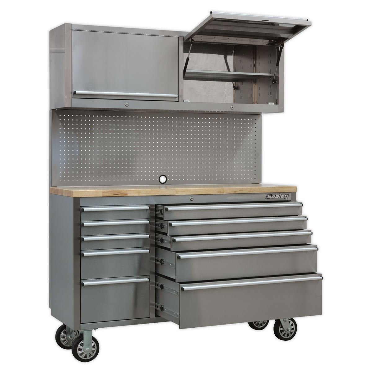 Sealey Mobile Stainless Steel Tool Cabinet 10 Drawer with Backboard & 2 Wall Cupboards AP5520SS