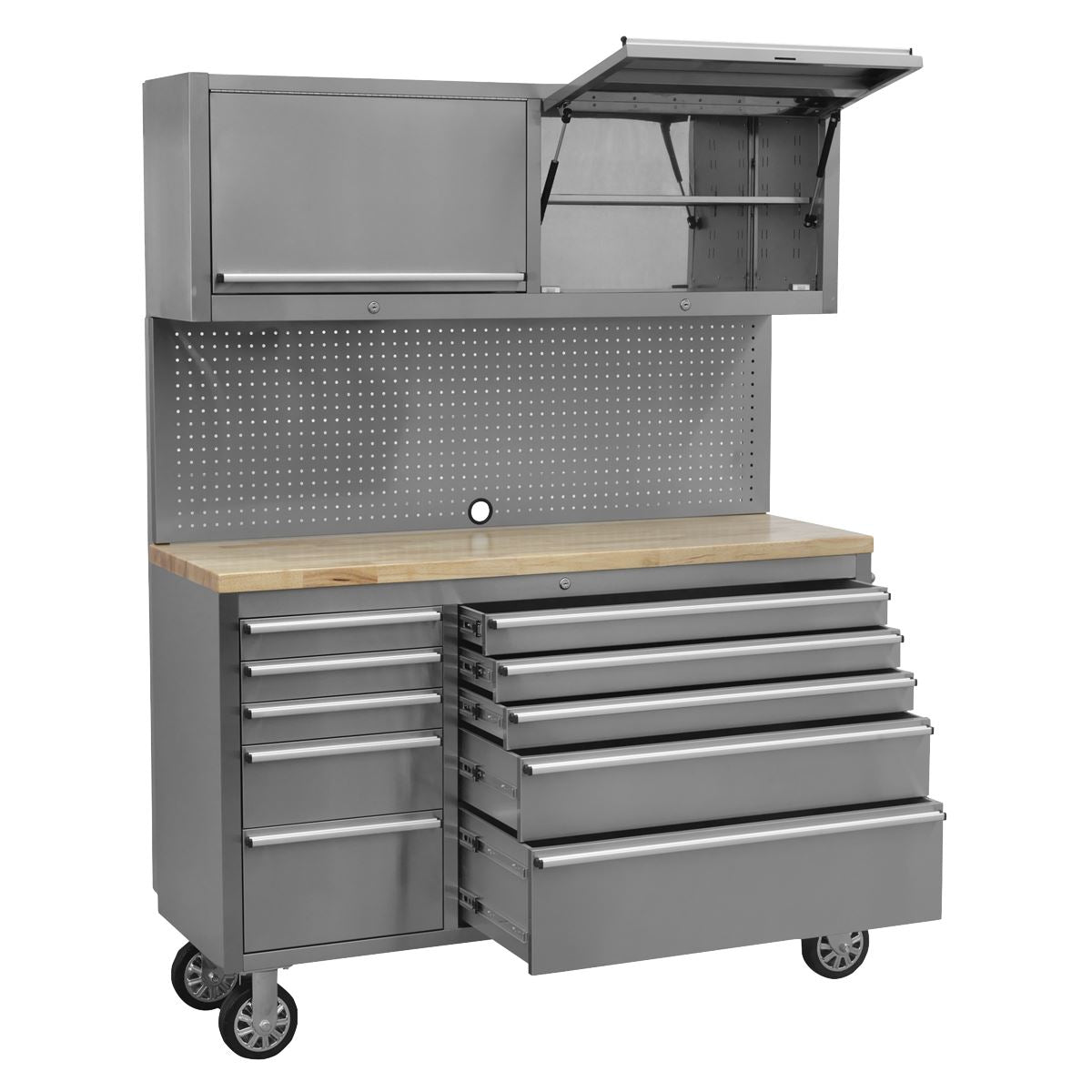 Sealey Mobile Stainless Steel Tool Cabinet 10 Drawer with Backboard & 2 Wall Cupboards AP5520SS