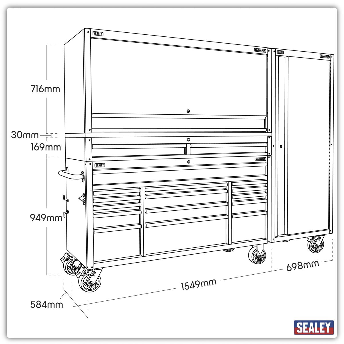 Sealey 15 Drawer 1549mm Mobile Trolley with Wooden Worktop, Hutch, 2 Drawer Riser & Side Locker AP6115BECOMBO2