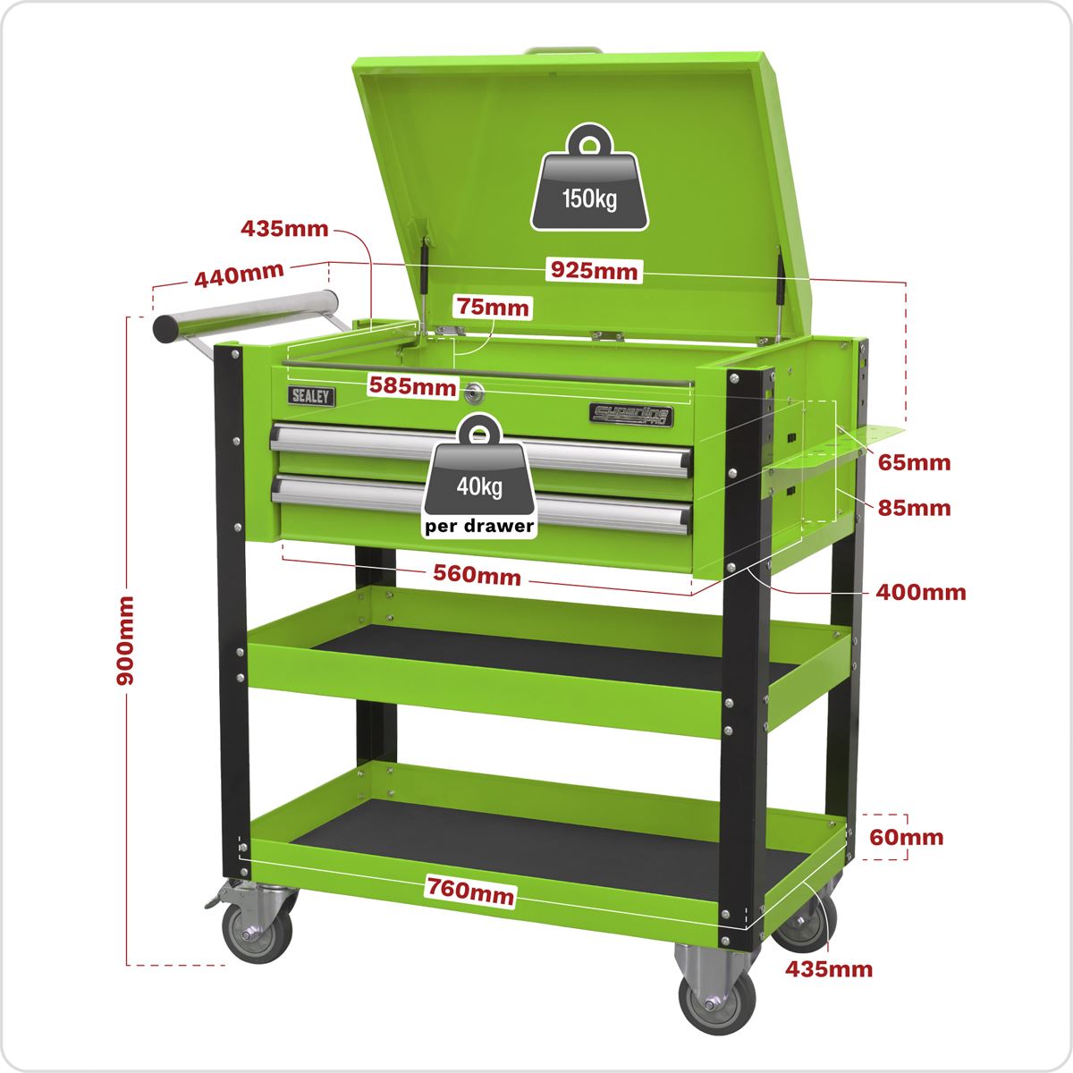 Sealey Heavy-Duty Mobile Tool & Parts Trolley 2 Drawers & Lockable Top - Green AP760MHV