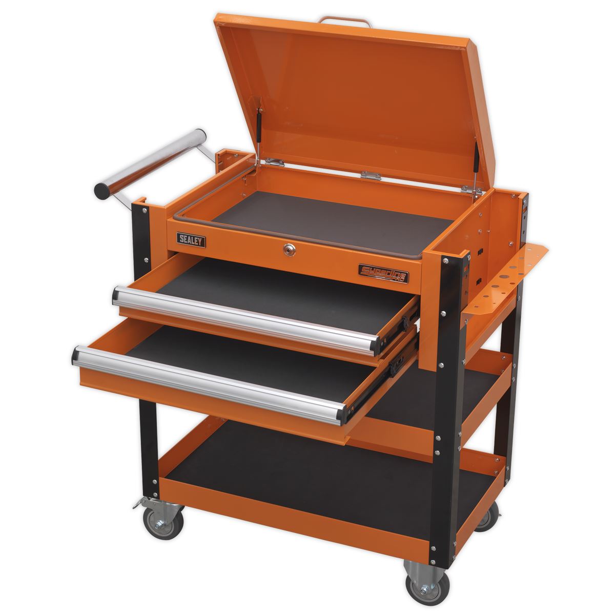 Sealey Heavy-Duty Mobile Tool & Parts Trolley 2 Drawers & Lockable Top - Orange AP760MO