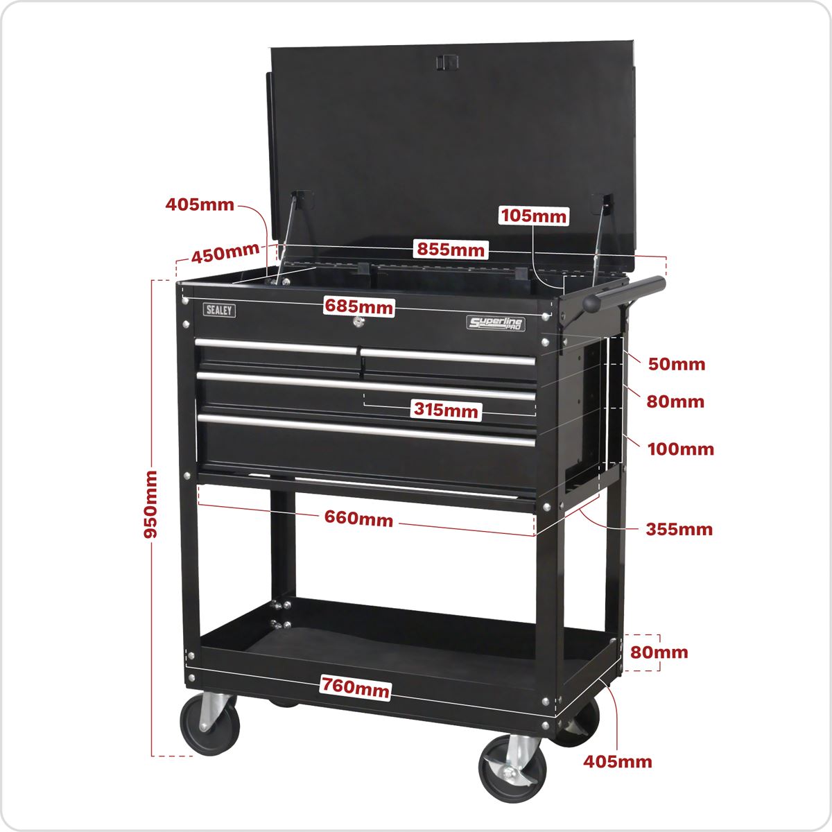 Sealey Heavy-Duty Mobile Tool & Parts Trolley with 4 Drawers & Lockable Top - Black AP850MB