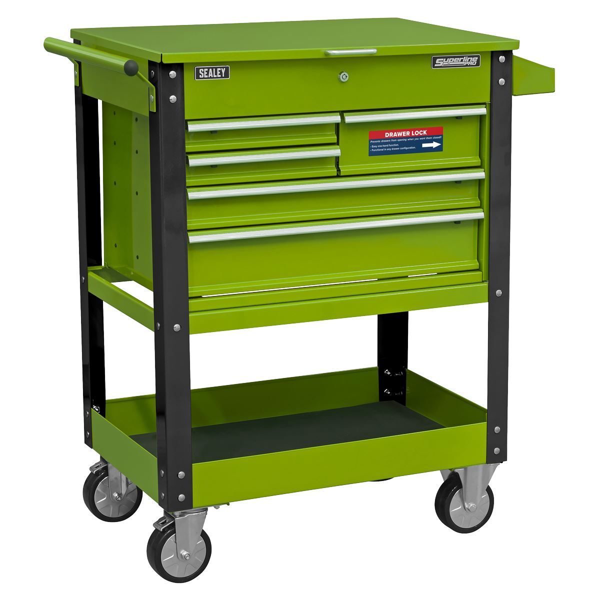 Sealey Heavy-Duty Mobile Tool & Parts Trolley with 5 Drawers and Lockable Top- Hi-Vis Green AP890MHV