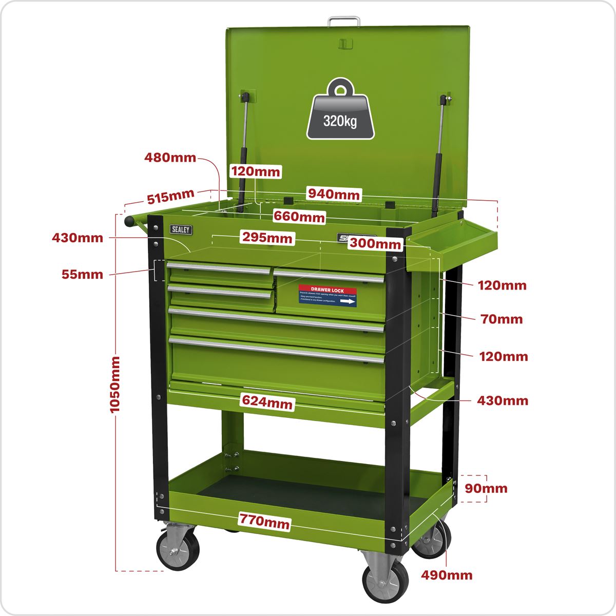 Sealey Heavy-Duty Mobile Tool & Parts Trolley with 5 Drawers and Lockable Top- Hi-Vis Green AP890MHV