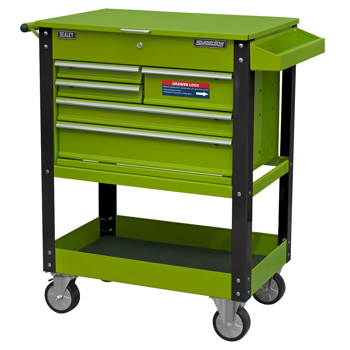 Sealey Heavy-Duty Mobile Tool & Parts Trolley with 5 Drawers and Lockable Top- Hi-Vis Green AP890MHV