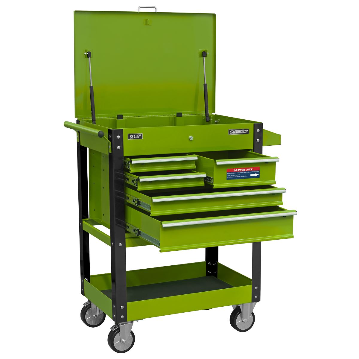 Sealey Heavy-Duty Mobile Tool & Parts Trolley with 5 Drawers and Lockable Top- Hi-Vis Green AP890MHV