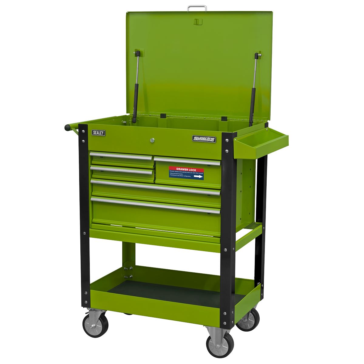 Sealey Heavy-Duty Mobile Tool & Parts Trolley with 5 Drawers and Lockable Top- Hi-Vis Green AP890MHV
