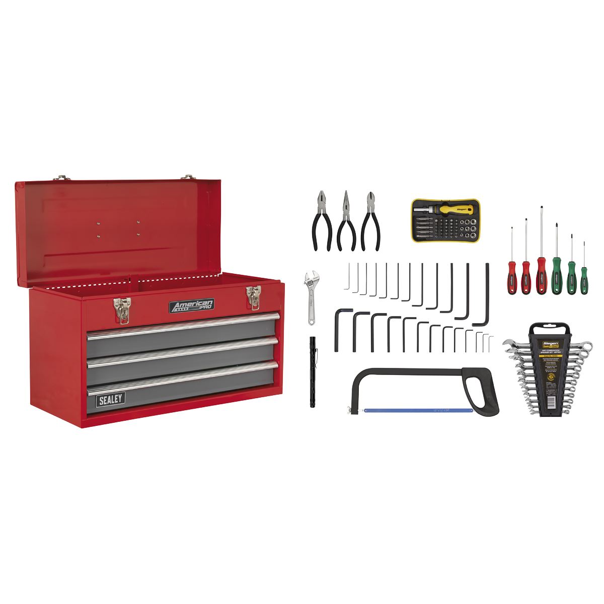 Sealey Portable Tool Chest 3 Drawer with Ball-Bearing Slides - Red/Grey & 93pc Tool Kit AP9243BBCOMBO