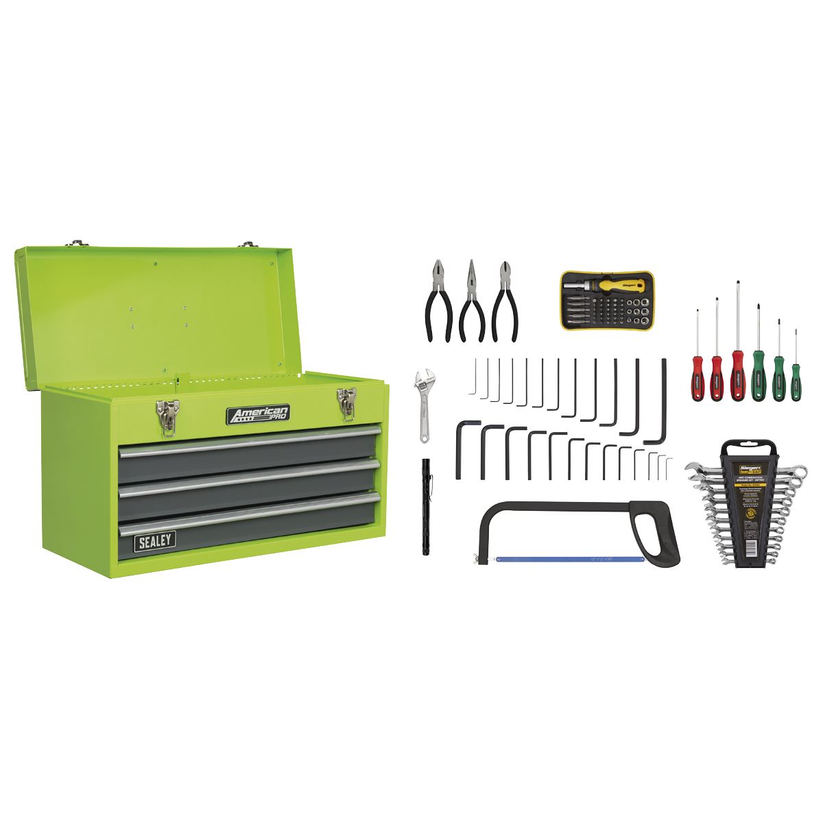 Sealey Portable Tool Chest 3 Drawer with Ball-Bearing Slides - Hi-Vis & 93pc Tool Kit AP9243BBHVCOM