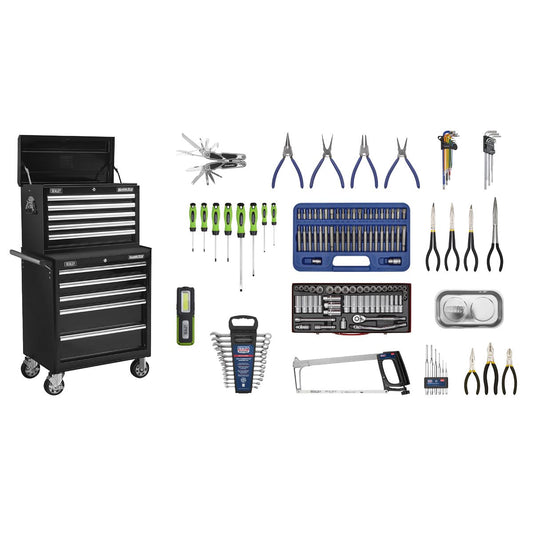 Sealey Topchest & Rollcab Combination 10 Drawer with Ball-Bearing Slides - Black with 148pc Tool Kit APCOMBOBBTK56