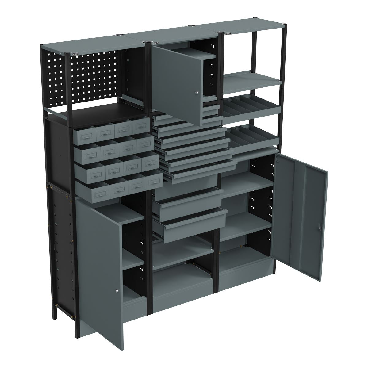 Sealey Modular Racking System Combo 1.74m Shelfs Drawers & Cupboards APMRSTACK1