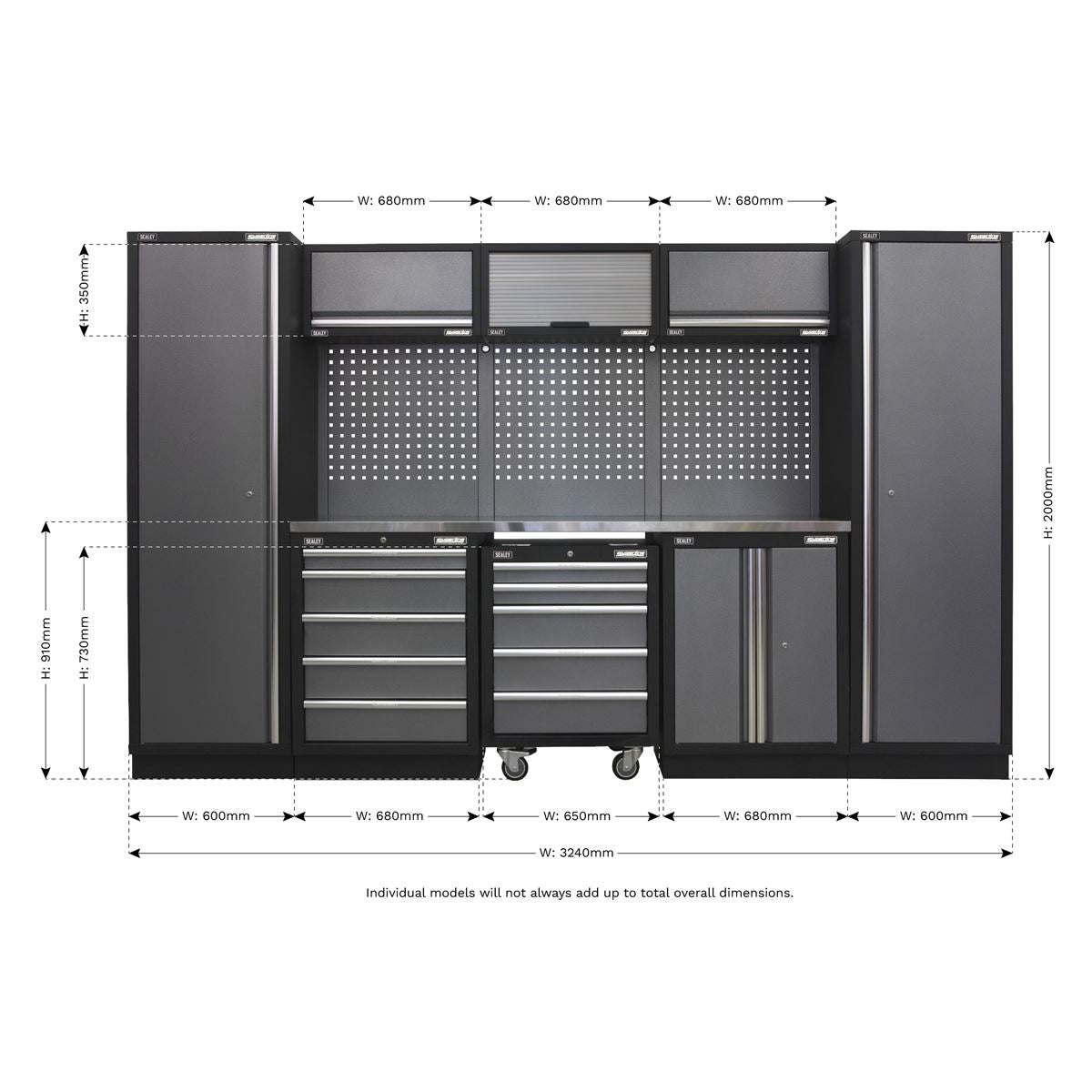 Sealey Superline PRO&reg; 3.2m Storage System - Stainless Worktop APMSSTACK03SS
