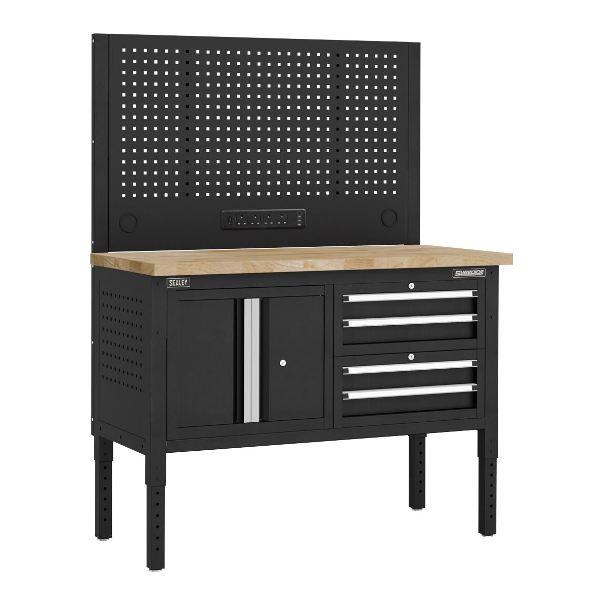 Sealey Modular Workbench 4 Drawer Cupboard Wooden Worktop 1265mm APMWB50COMBO1W