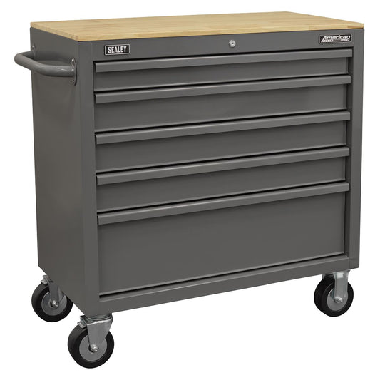 Sealey American PRO&reg; Mobile Workstation with Wooden Worktop 5 Drawer - Grey APMWS1G