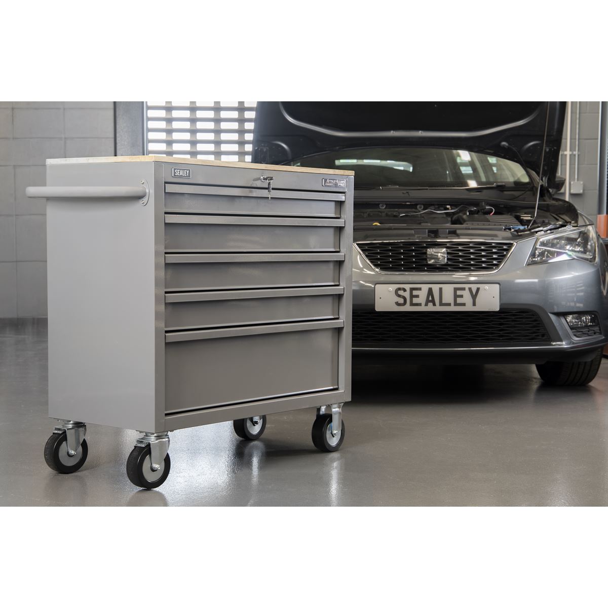 Sealey American PRO&reg; Mobile Workstation with Wooden Worktop 5 Drawer - Grey APMWS1G