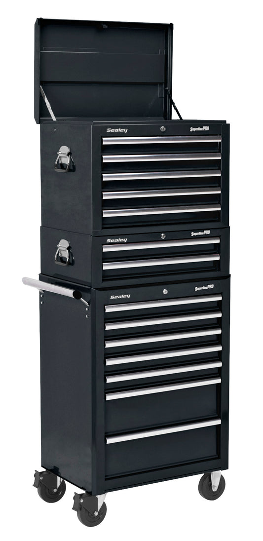 Sealey Topchest, Mid-Box & Rollcab Combination 14 Drawer with Ball-Bearing Slides - Black APSTACKTB