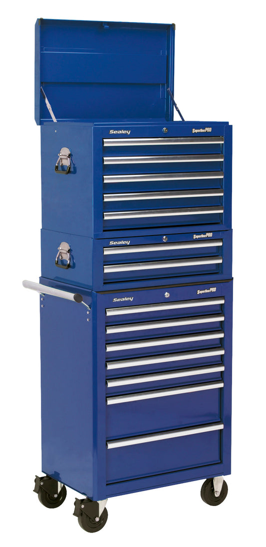 Sealey Topchest, Mid-Box & Rollcab Combination 14 Drawer with Ball-Bearing Slides - Blue APSTACKTC