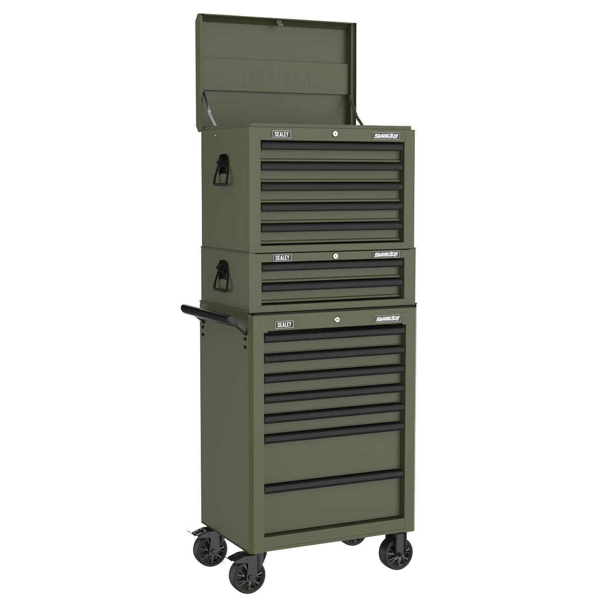 Sealey Superline PRO&reg; Topchest, Mid-Box Tool Chest & Rollcab Combination 14 Drawer - Khaki APSTACKTK