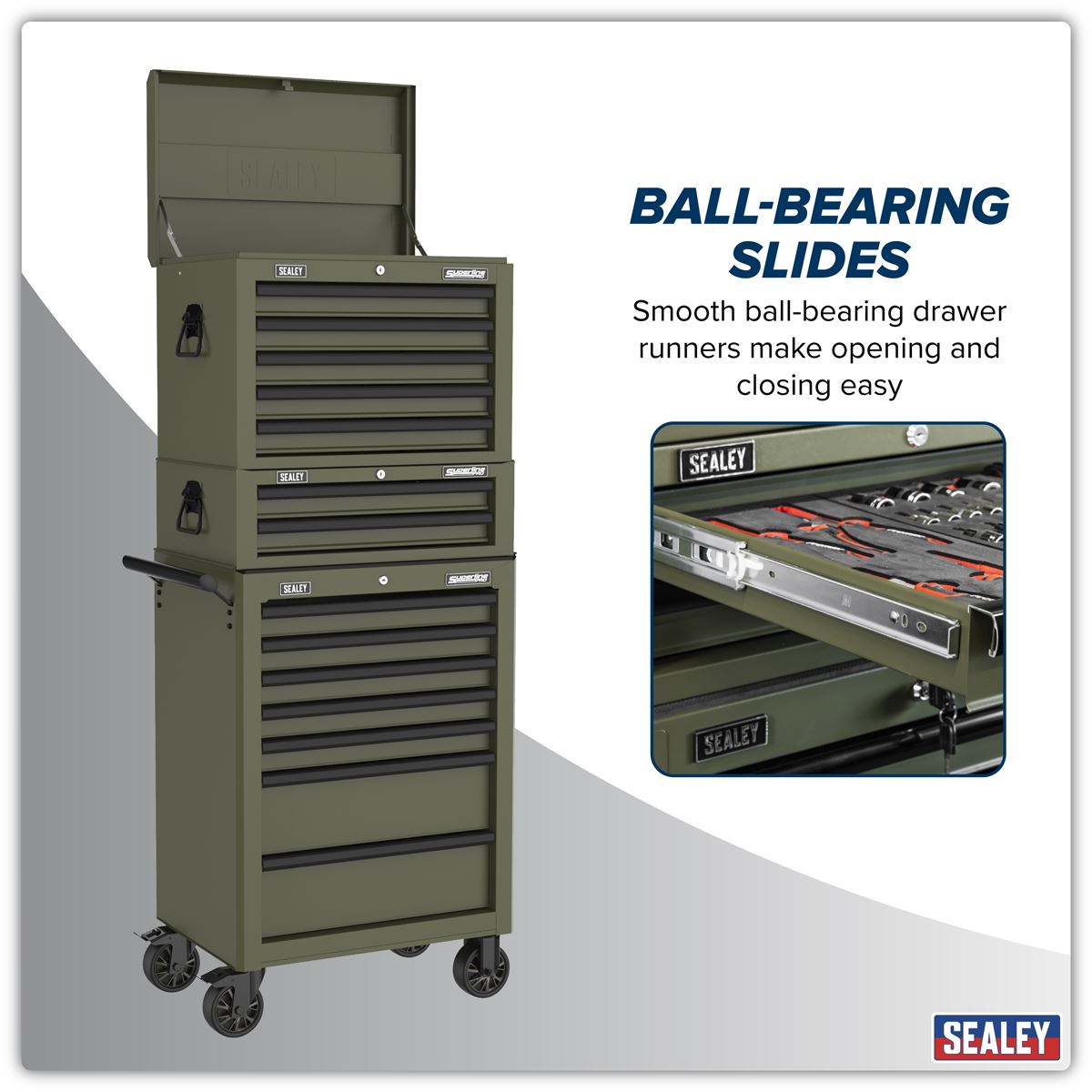 Sealey Superline PRO&reg; Topchest, Mid-Box Tool Chest & Rollcab Combination 14 Drawer - Khaki APSTACKTK
