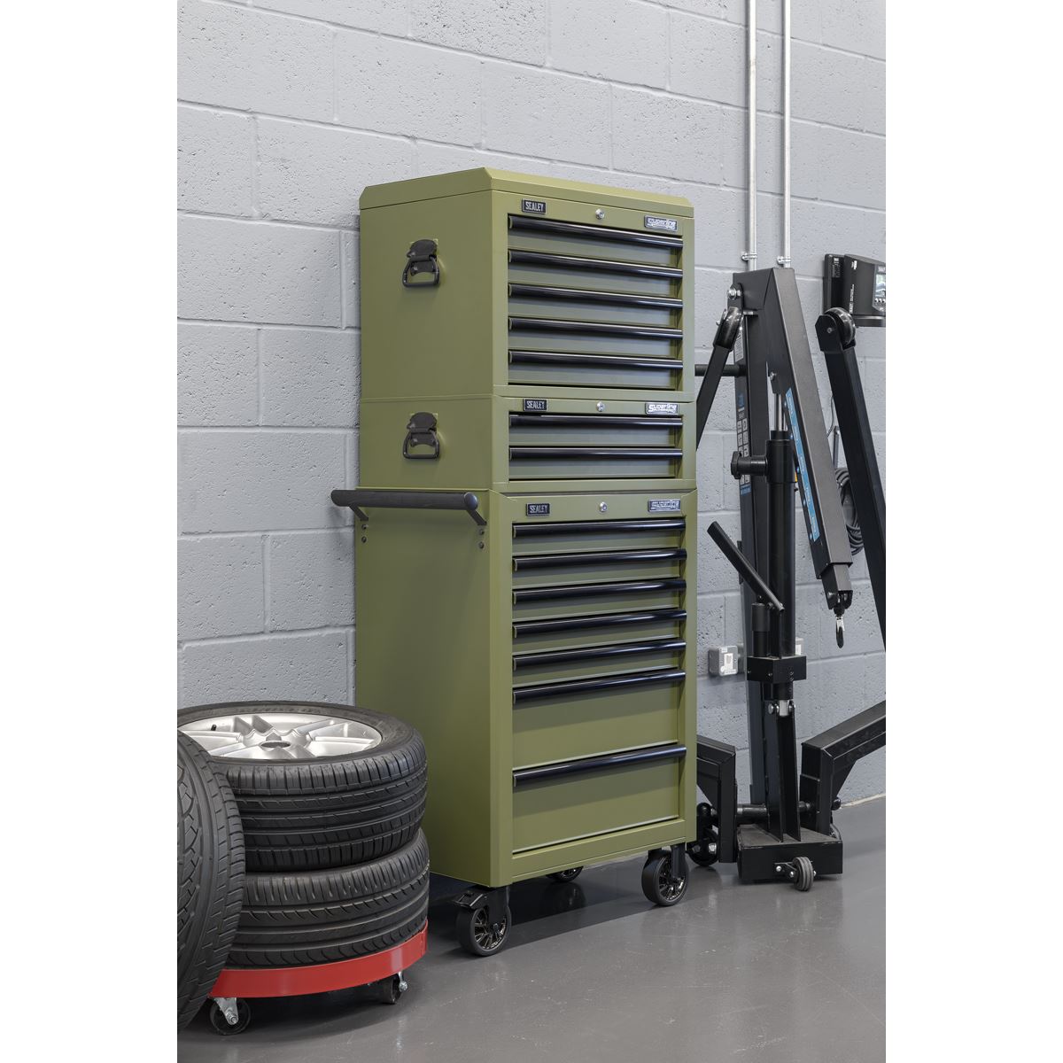 Sealey Superline PRO&reg; Topchest, Mid-Box Tool Chest & Rollcab Combination 14 Drawer - Khaki APSTACKTK