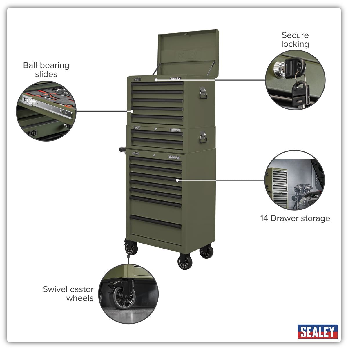 Sealey Superline PRO&reg; Topchest, Mid-Box Tool Chest & Rollcab Combination 14 Drawer - Khaki APSTACKTK