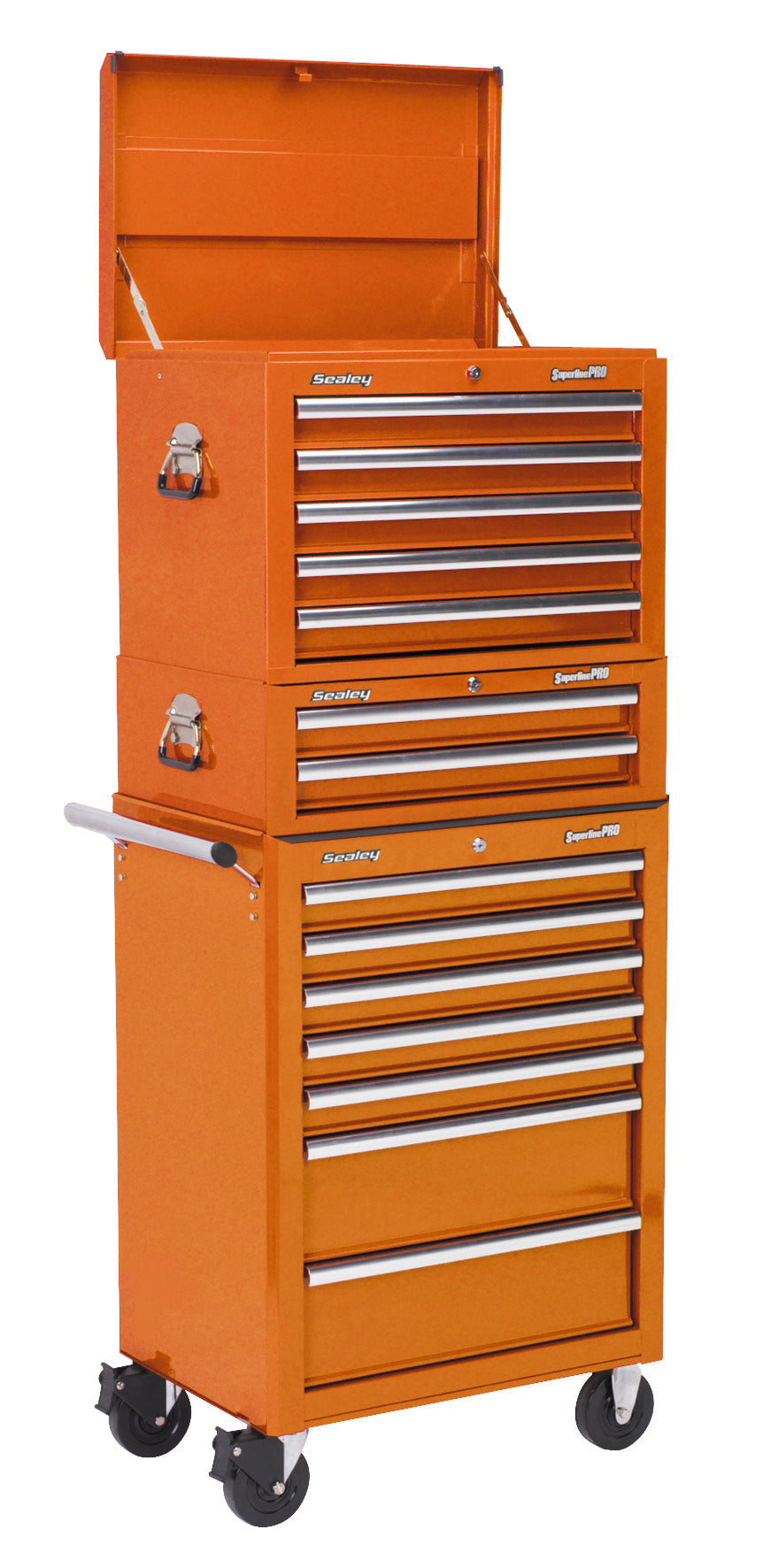Sealey Topchest, Mid-Box & Rollcab Combination 14 Drawer with Ball-Bearing Slides - Orange APSTACKTO