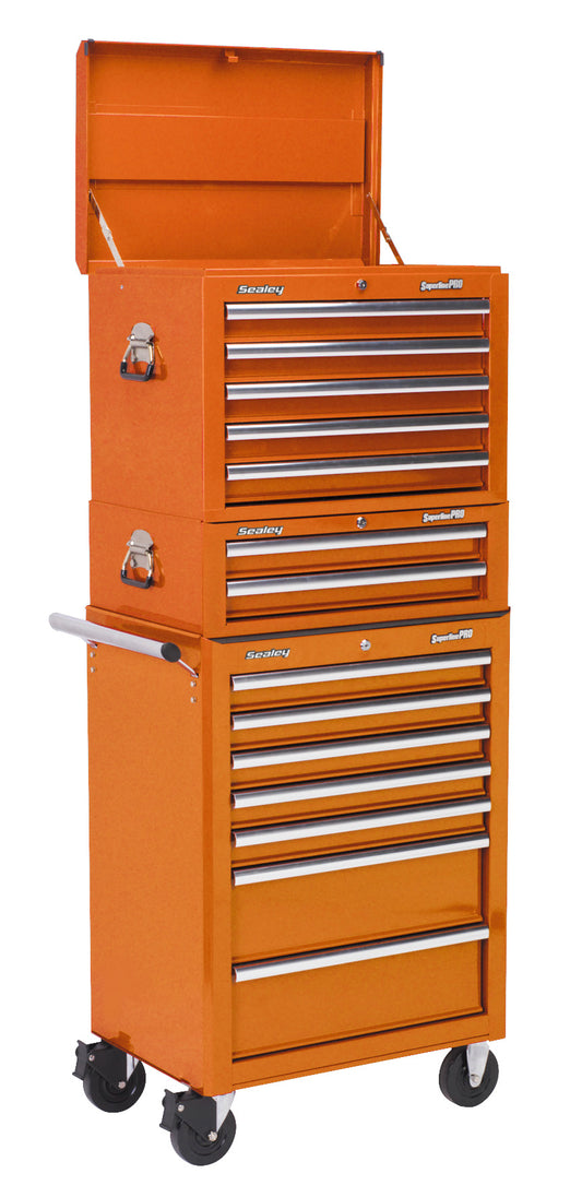 Sealey Topchest, Mid-Box & Rollcab Combination 14 Drawer with Ball-Bearing Slides - Orange APSTACKTO