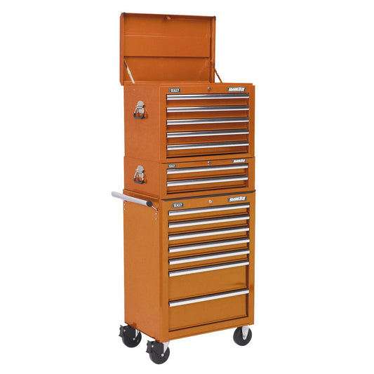 Sealey Topchest, Mid-Box & Rollcab Combination 14 Drawer with Ball-Bearing Slides - Orange APSTACKTO