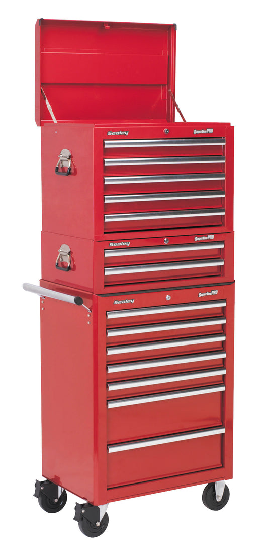 Sealey Topchest, Mid-Box & Rollcab Combination 14 Drawer with Ball-Bearing Slides - Red APSTACKTR