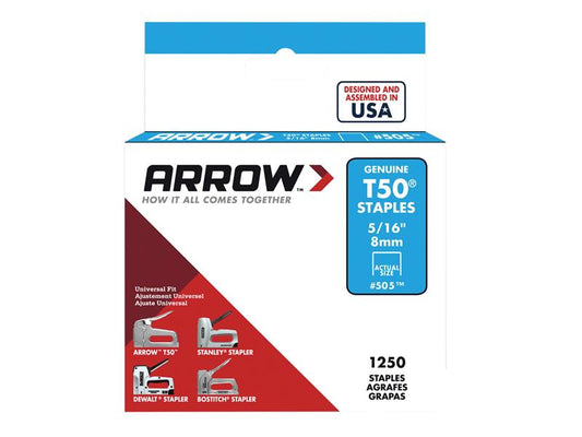 Arrow T50 Staples 8mm (5/16in) (Box 1250) ARRT50516S