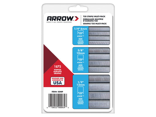 Arrow T50 Staples Multi Pack 6mm 10mm & 12mm (Box 1875, 3 x 625) ARRT50SMP
