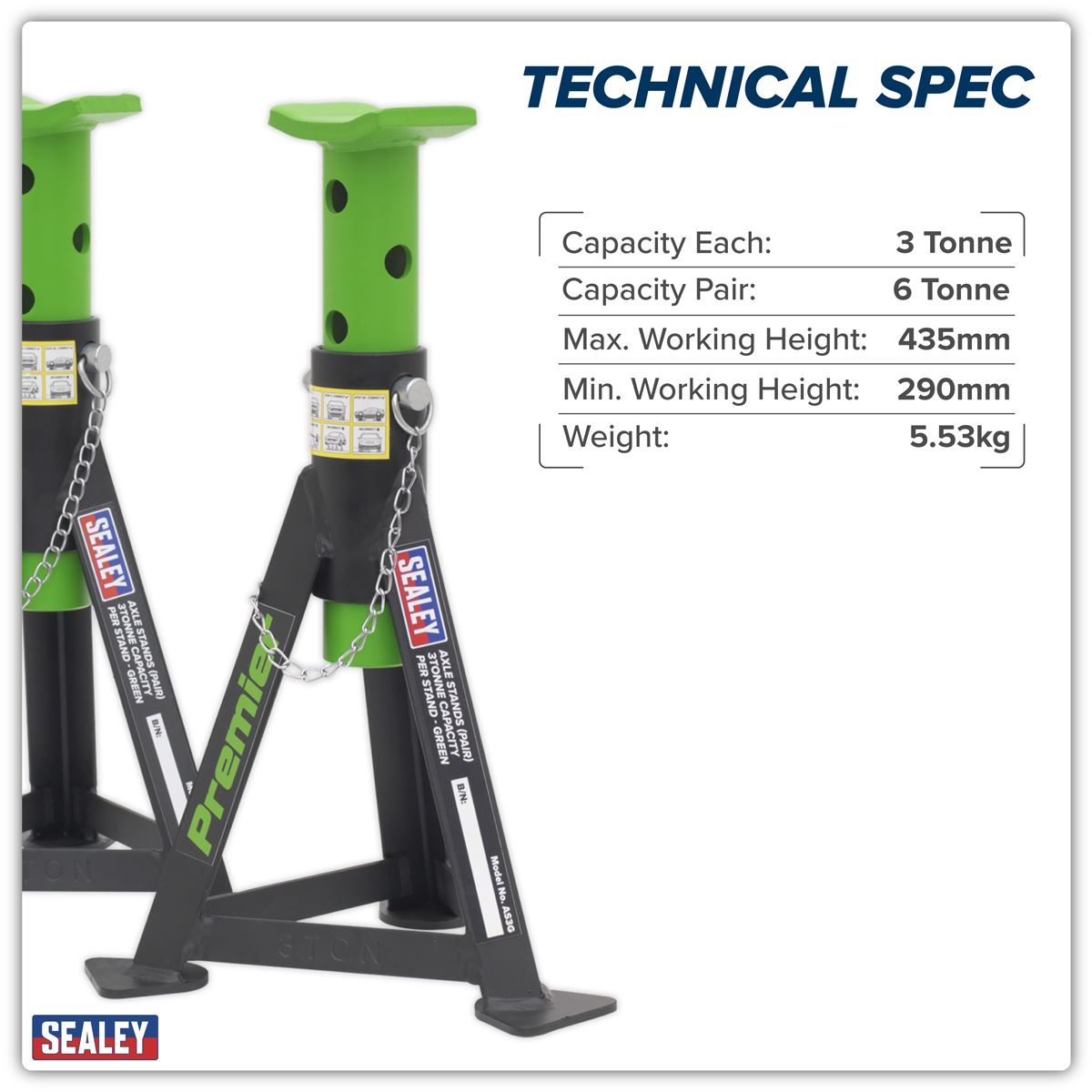 Sealey Axle Stands (Pair) 3 Tonne Capacity per Stand - Green AS3G