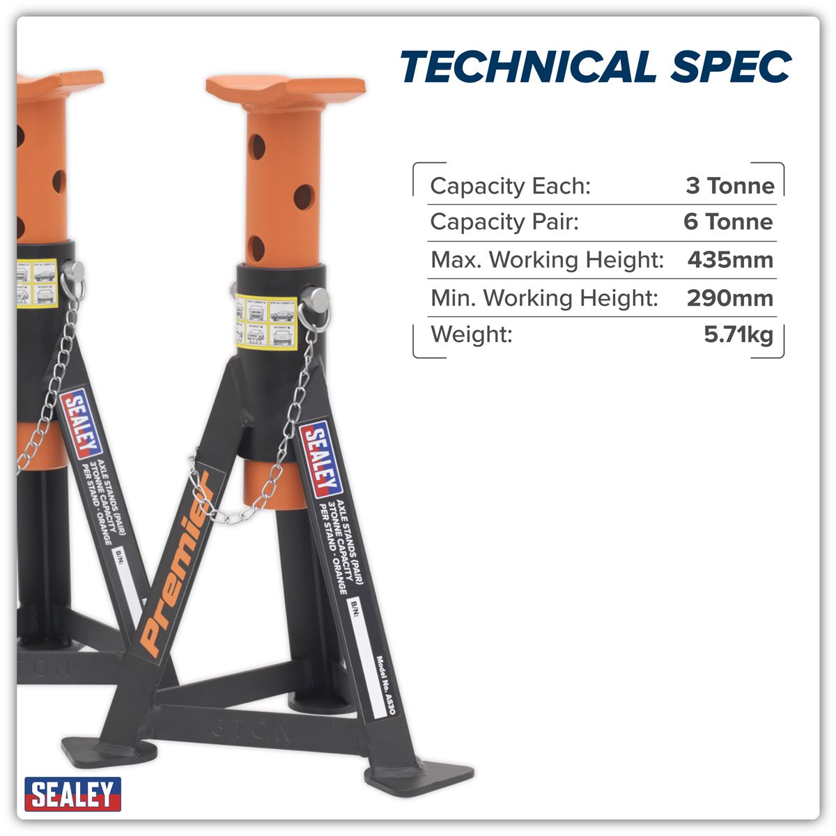 Sealey Axle Stands (Pair) 3 Tonne Capacity per Stand - Orange AS3O