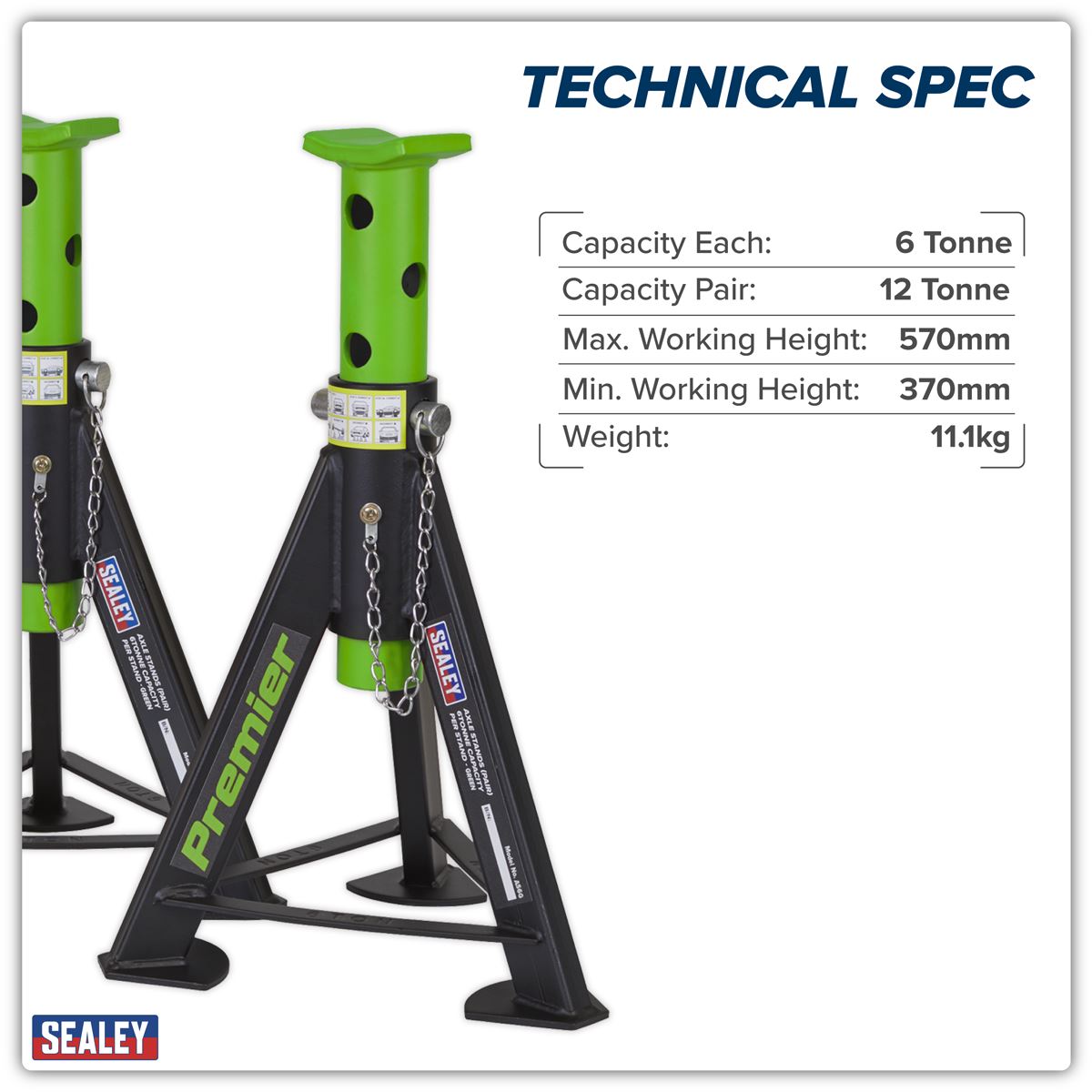 Sealey Axle Stands (Pair) 6 Tonne Capacity per Stand - Green AS6G