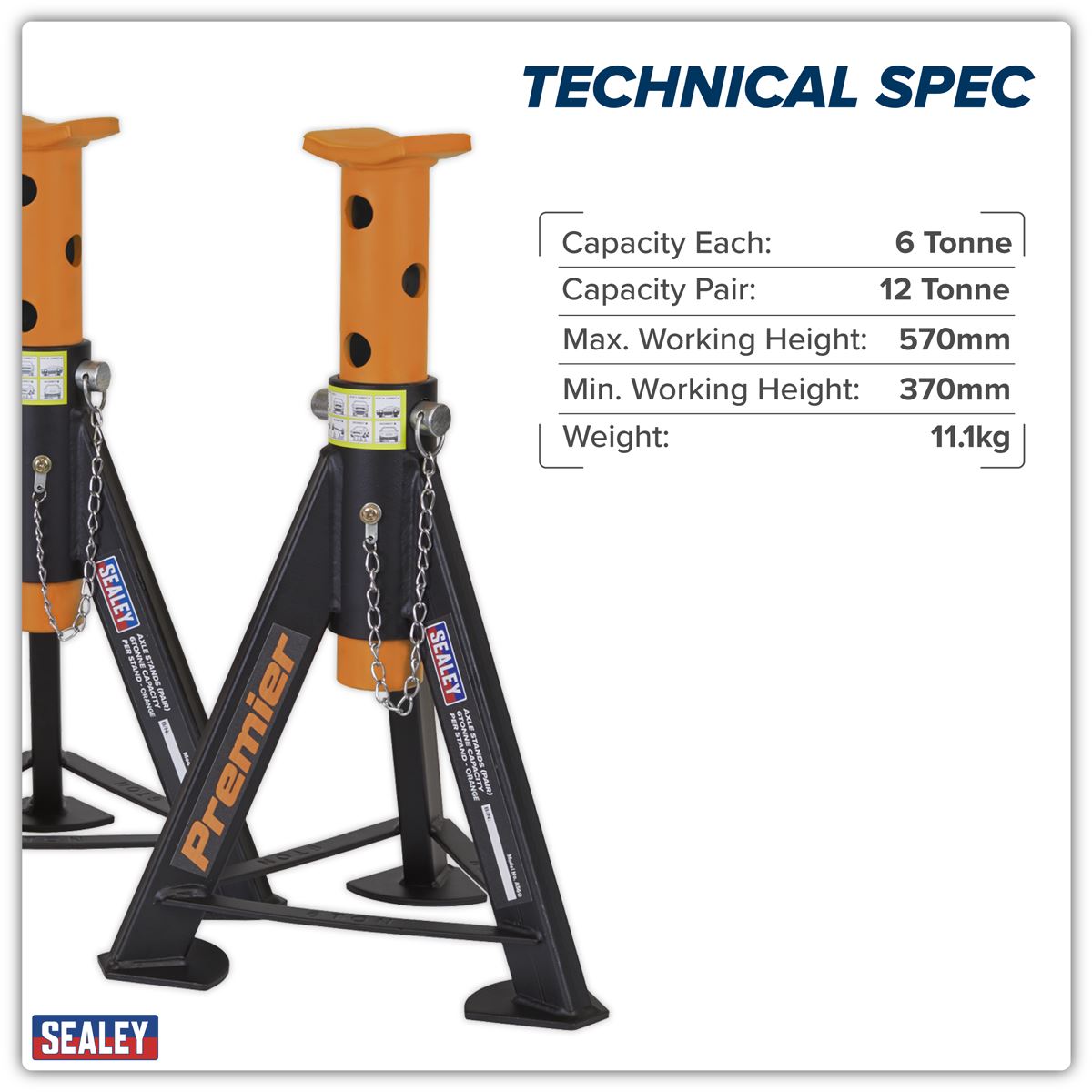 Sealey Axle Stands (Pair) 6 Tonne Capacity per Stand - Orange AS6O