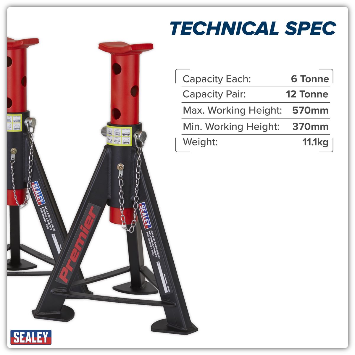 Sealey Axle Stands (Pair) 6 Tonne Capacity per Stand - Red AS6R