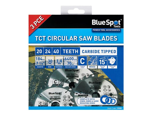 BlueSpot Tools Circular Saw Blade Set 184mm 3 Piece General Purpose B/S19400