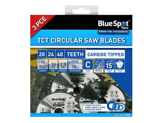 BlueSpot Tools Circular Saw Blade Set 190mm 3 Piece General Purpose B/S19402