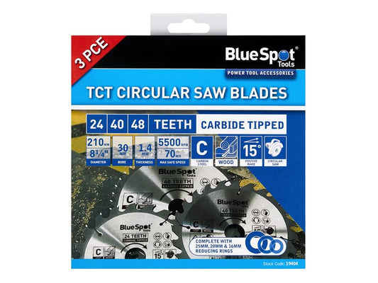BlueSpot Tools Circular Saw Blade Set 210mm 3 Piece General Purpose B/S19404