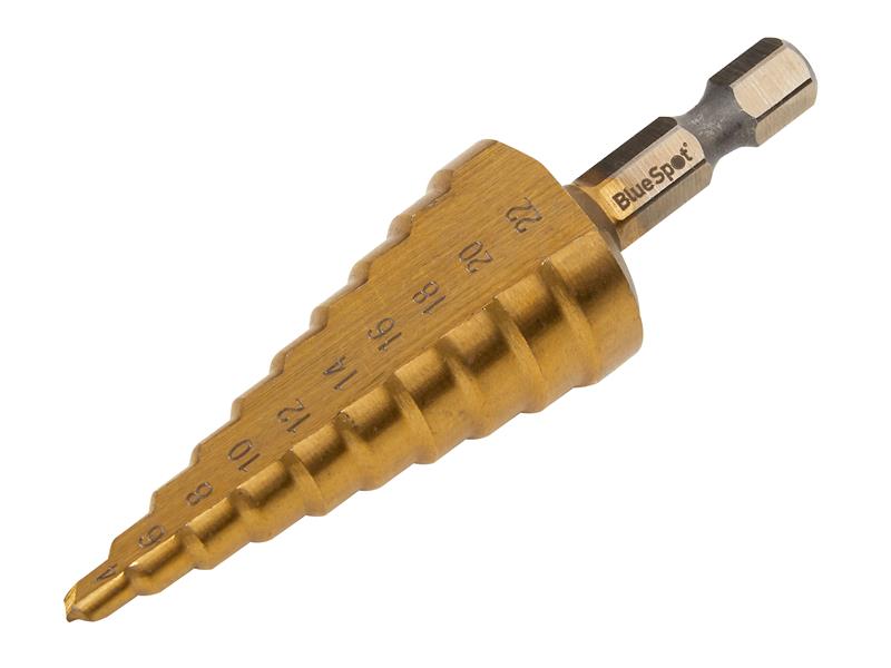 BlueSpot Step Drill 4 to 22mm HSS 1/4in Hex Shank Titanium Coated B/S32052