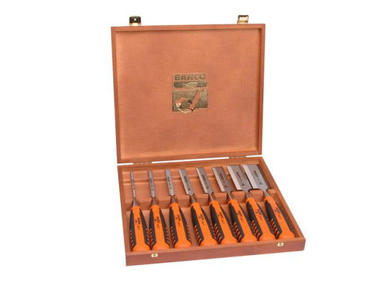 Bahco Bevel Wood Edge Chisel Set 8 Piece Size 6 to 38mm Wood Case BAH424PS8