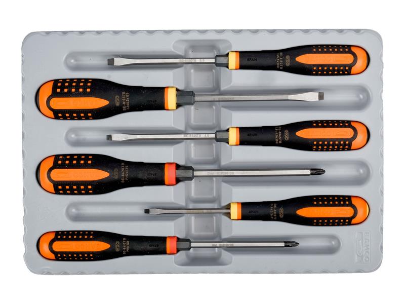Bahco ERGO Through Blade Screwdriver Set 6 Piece Slotted & Phillips BE-9881TB