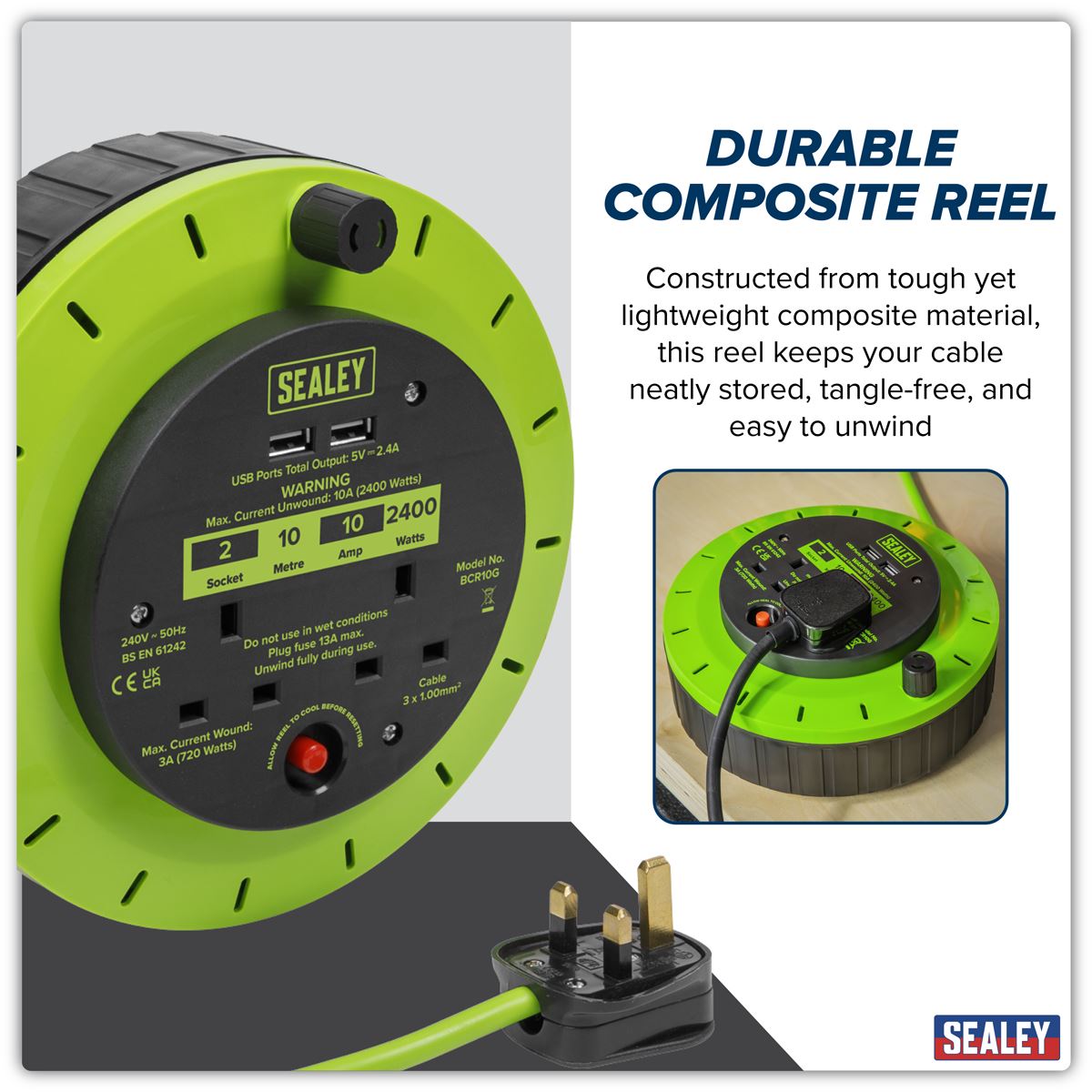 Sealey Cassette Type Cable Reel Green with Thermal Trip 2 x 230V and 2 x USB 10m BCR10G