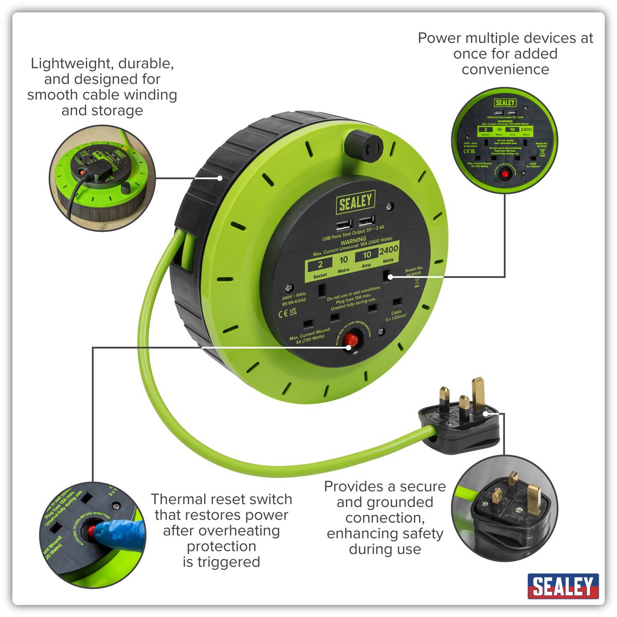 Sealey Cassette Type Cable Reel Green with Thermal Trip 2 x 230V and 2 x USB 10m BCR10G