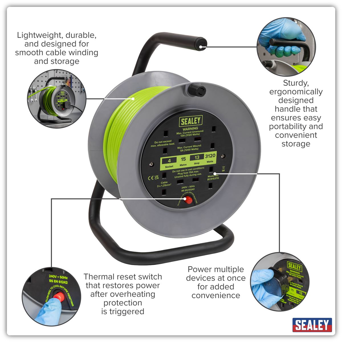 Sealey Cable Reel with Thermal Trip 4 x 230V 15m - Green BCR153TG